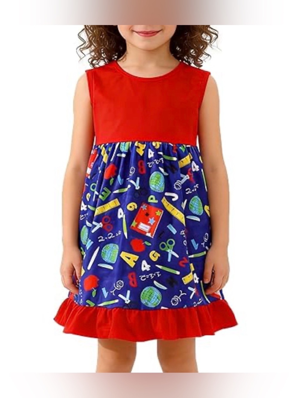 Girls School Print Dress Size 5/6T Red Blue Apple Pencil Back to School Cute
